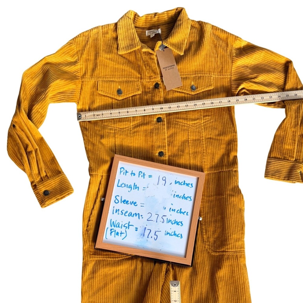 Parisienne et Alors Corduroy Jumpsuit Mustard Yellow 38 Long Sleeve Utility Boho - Picture 4 of 7